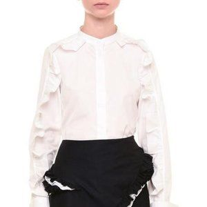 Jil Sander Ruffled Long-Sleeve Button-Front Blouse, White, Size 42 (US 10), NWT